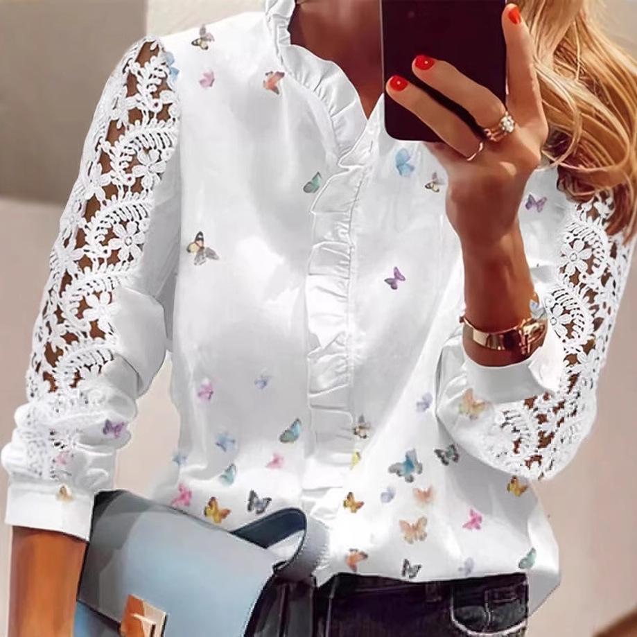 European & American Lace Patchwork Print Women's Shirt