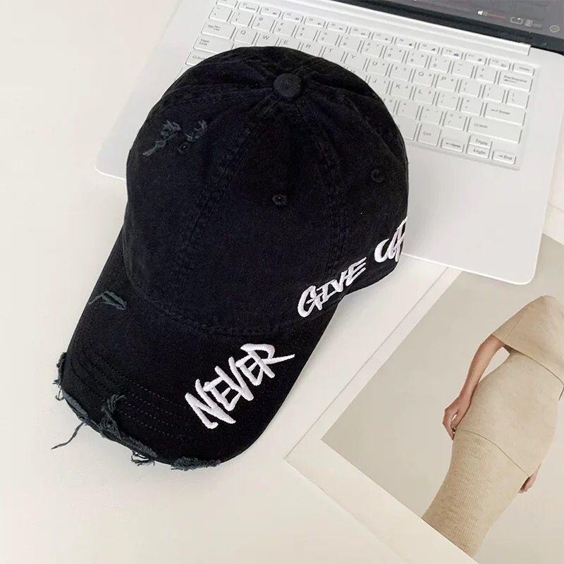 Letter Embroider Washed Denim Baseball Cap Women's American Retro Ripped Old Peaked Cap Soft Top Large Head Circumference Hat