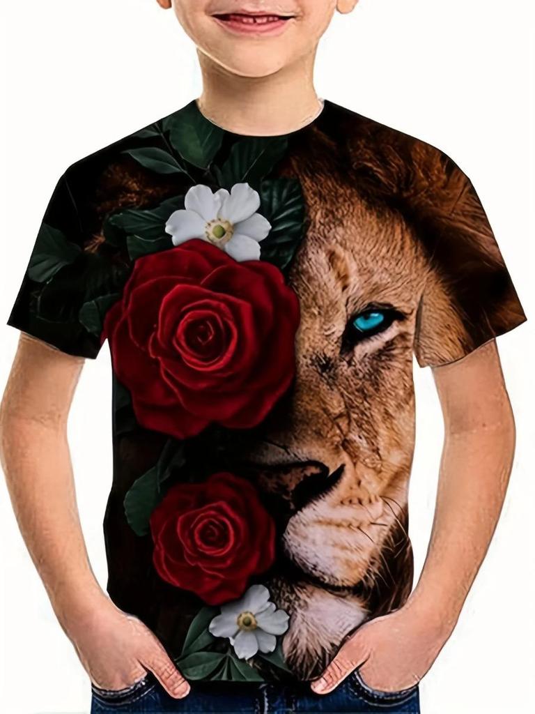 Sommarpojke Leongrafik 3D-tryckt T-shirt Mode Kortärmade Toppar Pojk Tecknad Barnkläder