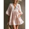  Women V‑Neck Lace Trim Mini Dress Flare Bell Sleeve Loose Tiered Ruffle Short Dress Casual Beach Vacation Ladies Sundress