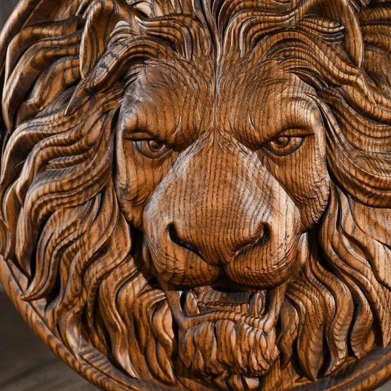 Vintage Wood Carving Animal Lion Head Crafts Wall Hanging Plaque, Retro Carving Home Decor