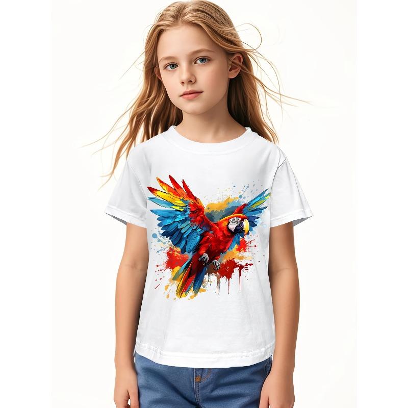 Children Crew Neck Short Sleeve T-Shirt with Watercolor Parrot Print