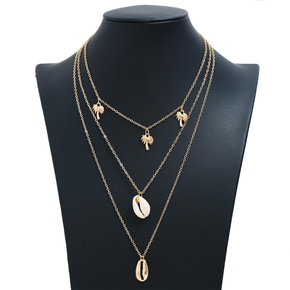 Women Unique Versatile Style Geometric Necklace Simple Shell Pendant Multi-layer Necklace