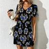 Zomer Mode Dames V-hals Retro Bloemenpatroon Geprint Jurk Sexy Korte Rok Jurken