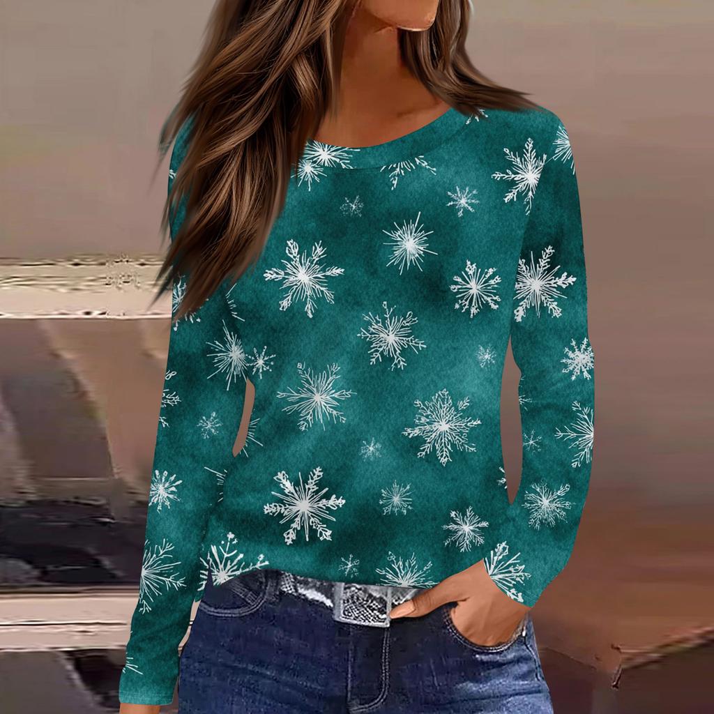 Women's Fashion Casual Slit Hem Round Neck Long Sleeve Loose Christmas Printed T-Shirt Ladies Top