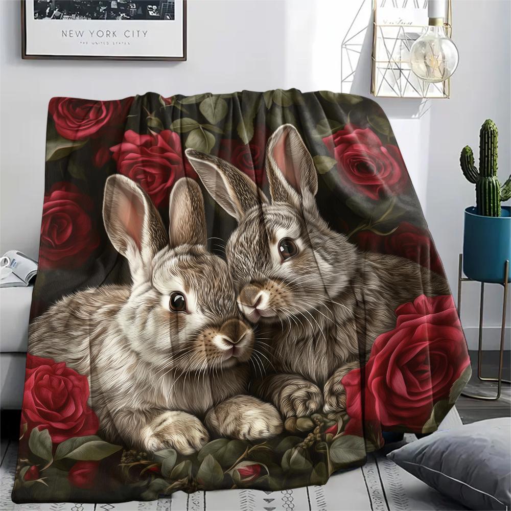 Rabbit and Flowers pattern Flannel Blanket, High quality Comfortable for All Seasons, Home Decor, Warmth and Comfort, Perfect for Gifts.