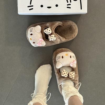 Fashion Cute and Sweet KT Cat Fluffy Slippers Women's Autumn and Winter 2025 Thick-bottomed Velvet Thermal Cotton Bag Head Slippers
