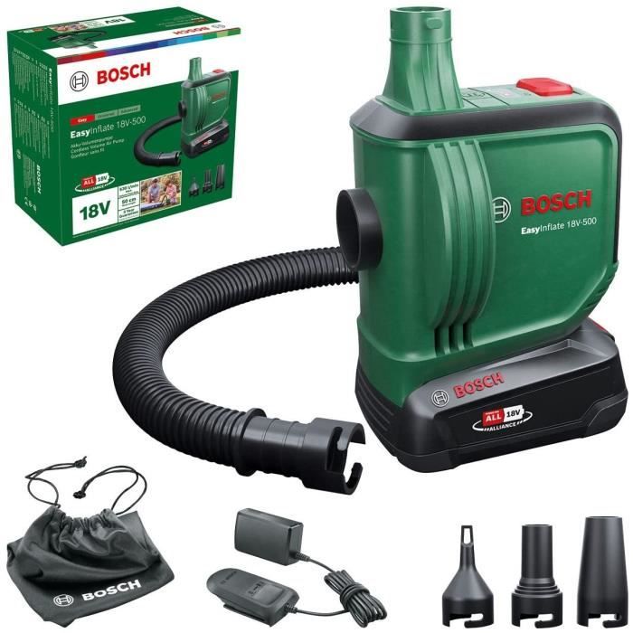 Gonfleur sans fil BOSCH Easyinflate 18V-500 livré avec 3 buses à air, tuyau 50 cm, sac textile sans batterie ni chargeur 0603947200