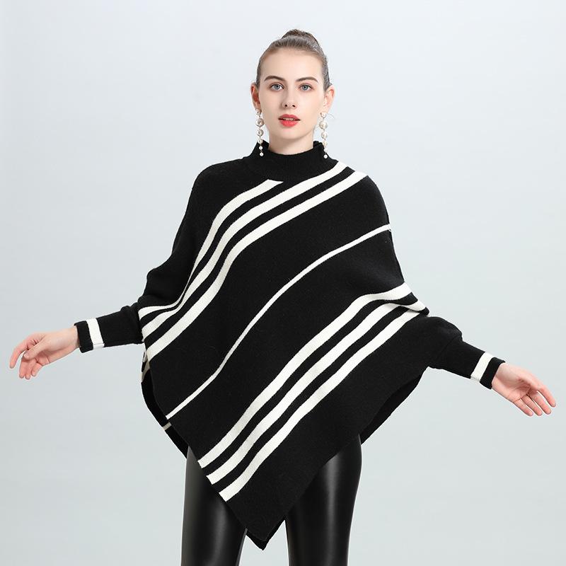 Irregular Striped Semi-Turtleneck Bat Sleeve Pullover Knitted Sweater Cape Female 0950 #