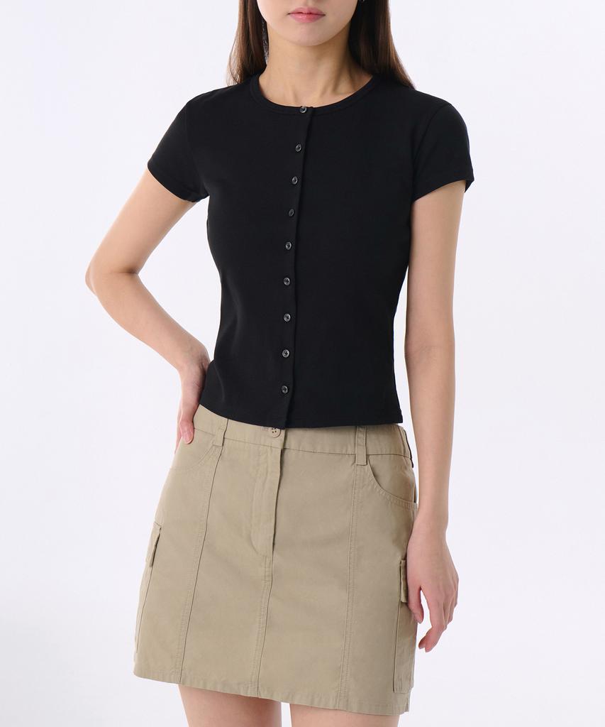 MUSINSA STANDARD WOMAN Women'S Slim Crew Neck Button T-Shirt [Black]