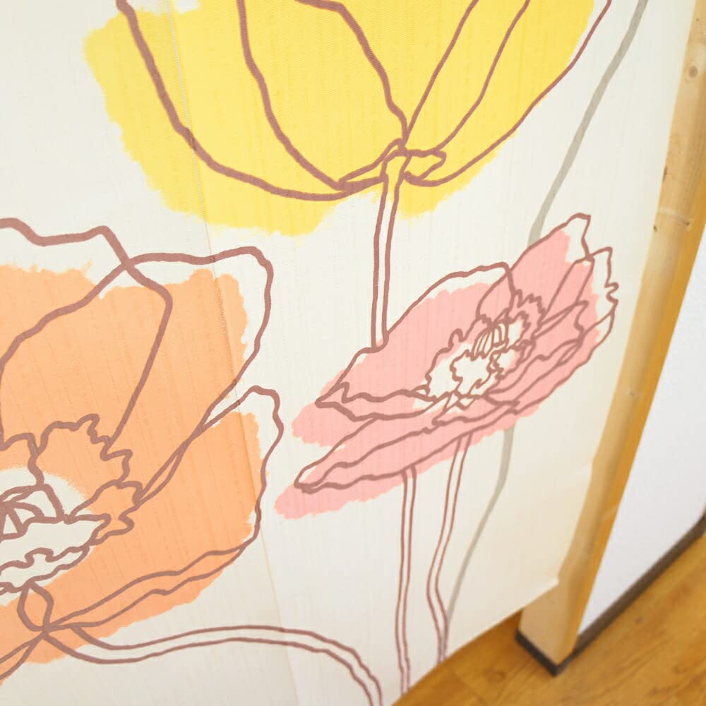 Noren Kobo Noren Floral Room 85cm Wide X 170cm Line 9367 Curtain, Pattern, Long, Divider, Long, Poppy, Ivory,