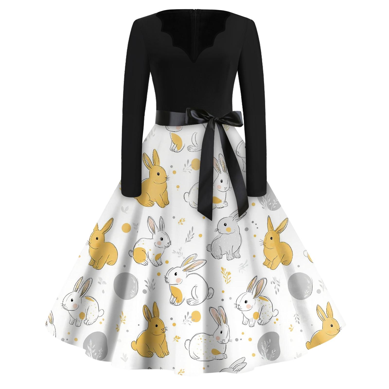 

Print Flare Dress For Women Long Sleeve Dress Hollow Party Casual Dresses M