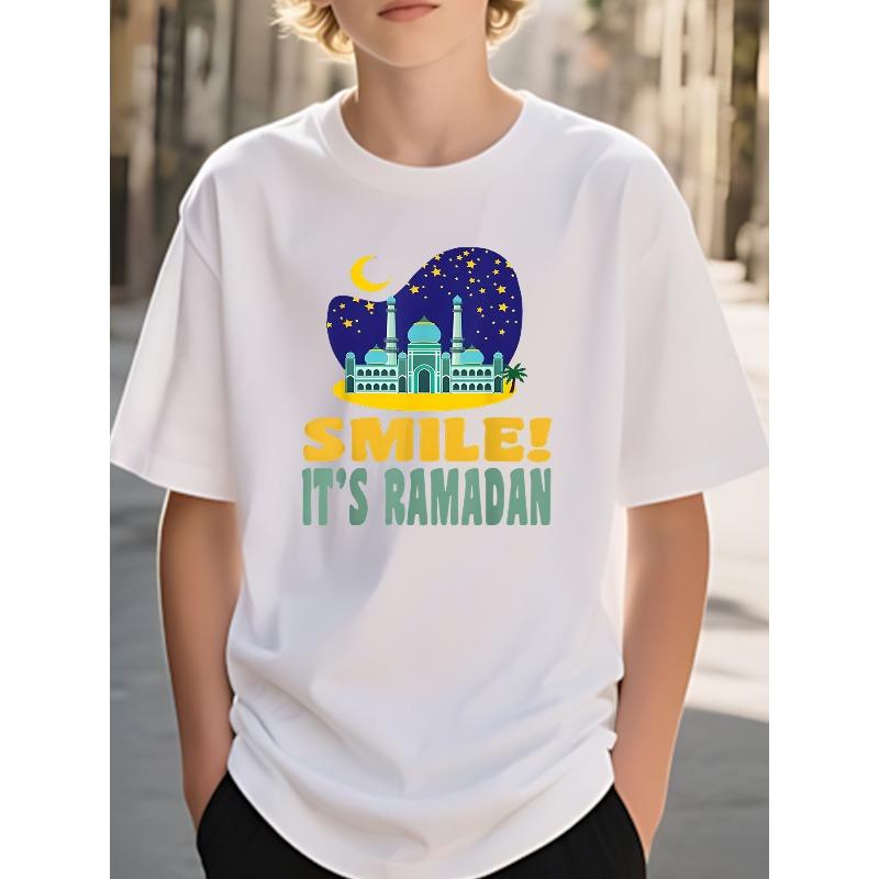 Boys Crewneck Short Sleeve T-Shirt, Ramadan Fashion Print Regular Fit Casual Tee 110