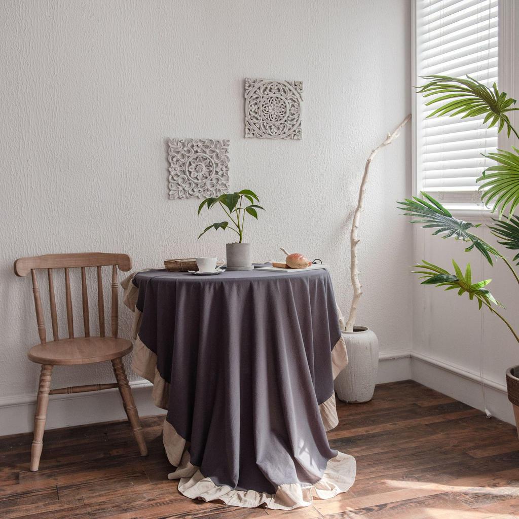 Imanqi Yun Grey Ruffle Washable Cotton Round Tablecloth