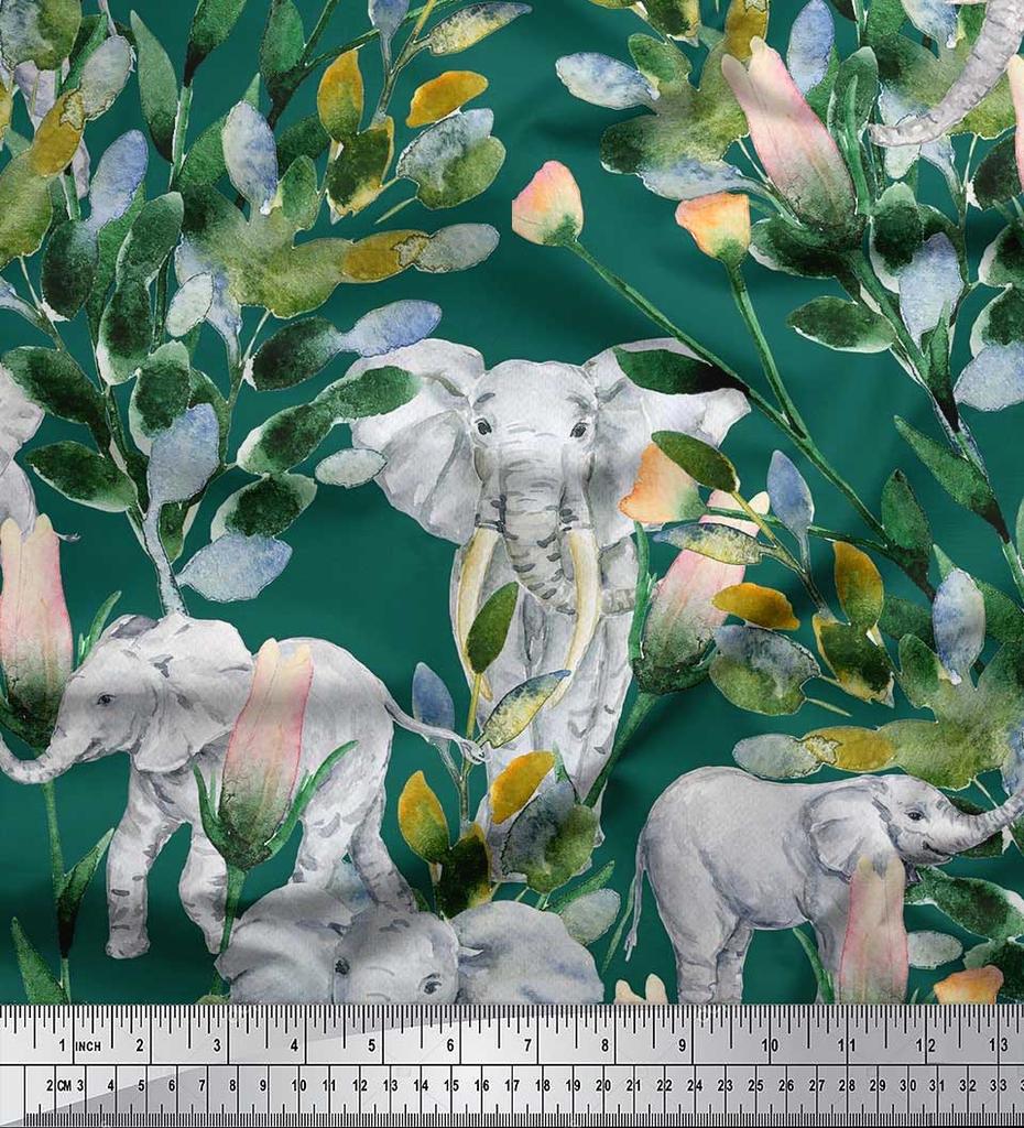 Soimoi Japan Crepe Satin Fabric Leaves,Floral & Elephant Animal Printed Craft Fabric by the metre 42 Inch