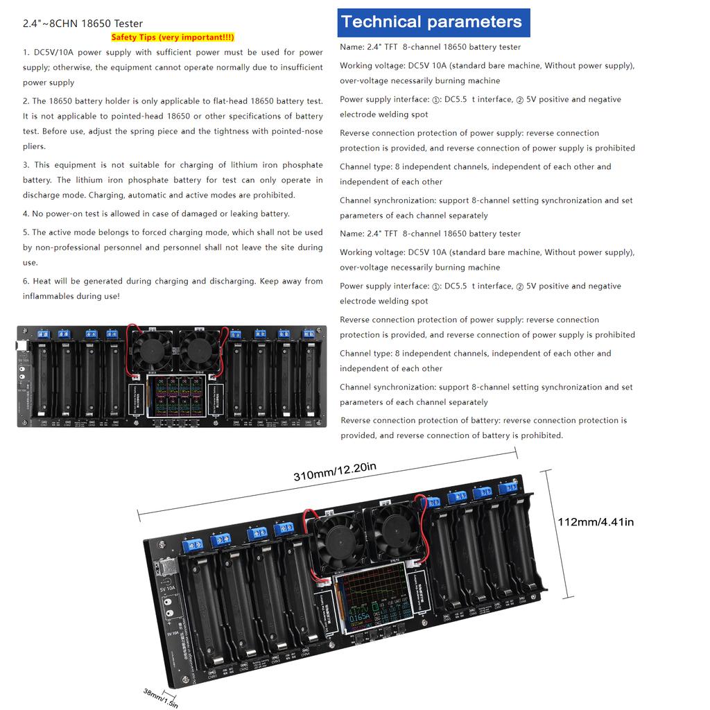 8-Kanal 18650 Batterietester 2,4-Zoll-TFT-Display Batteriekapazitätsprüfung mit MultiMode