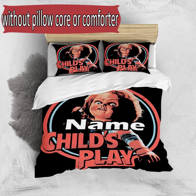 Set cuvertură de pilota 3 buc (1 * Husă de pilota + 2 * Față de pernă, Fără Miez), Set de așternut personalizat cu nume și model Bride of Chucky, Cadou Decor Dormitor Acasă