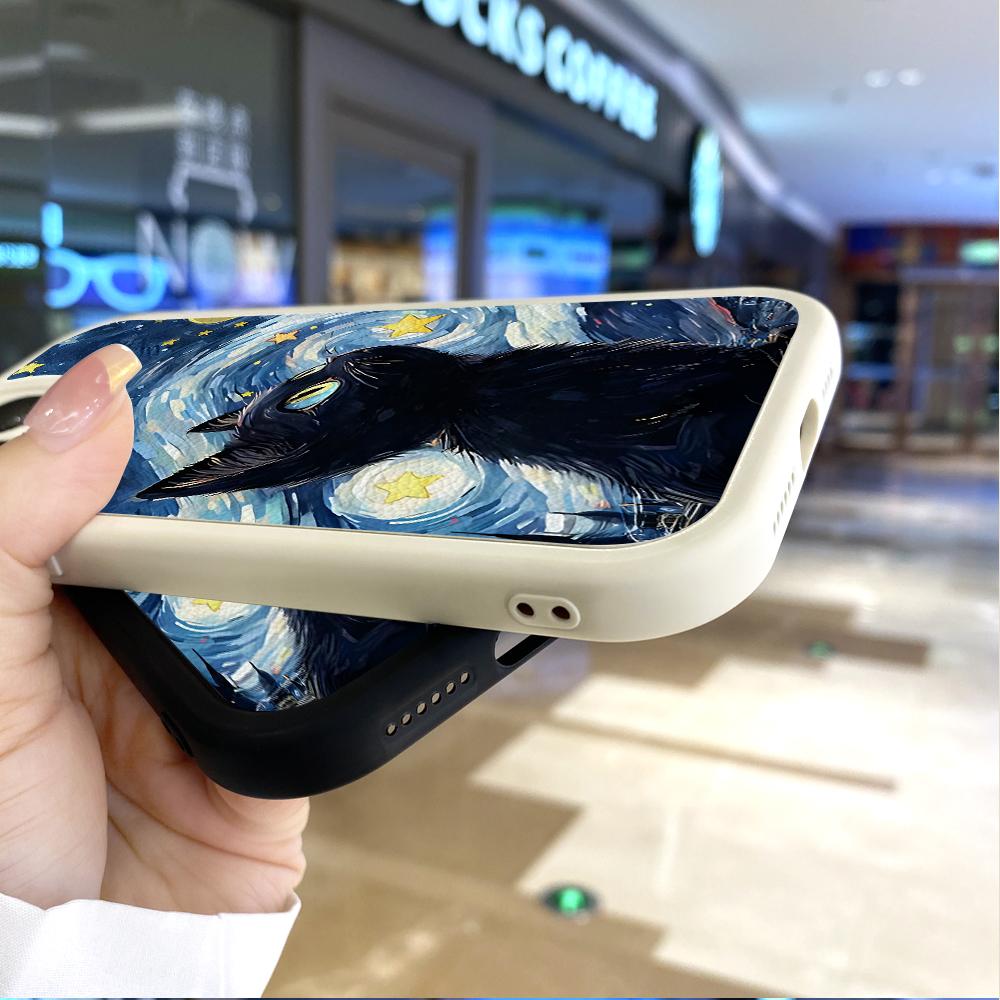 The Starry Night Black Cat PU Leather Phone Case for iPhone 15 14 13 12 Pro Max Samsung Galaxy S23 Ultra S20 FE A52 Redmi Xiaomi POCO Soft Cover