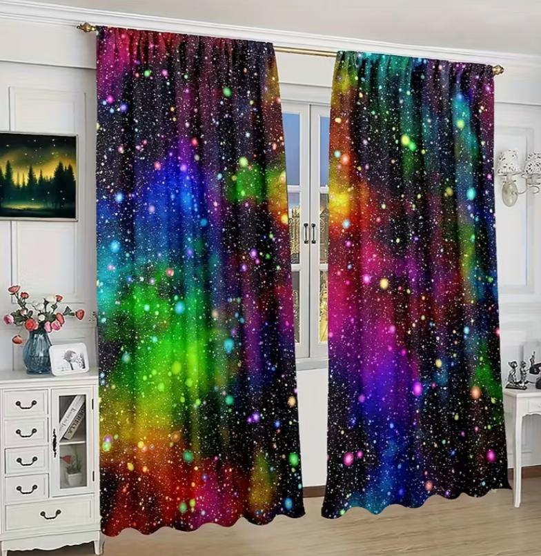 2pcs Colorful Galaxy Curtains | Semi-Sheer Rod Pocket Window Drapes for Bedroom & Living Room, Outer Space Theme Room Decor
