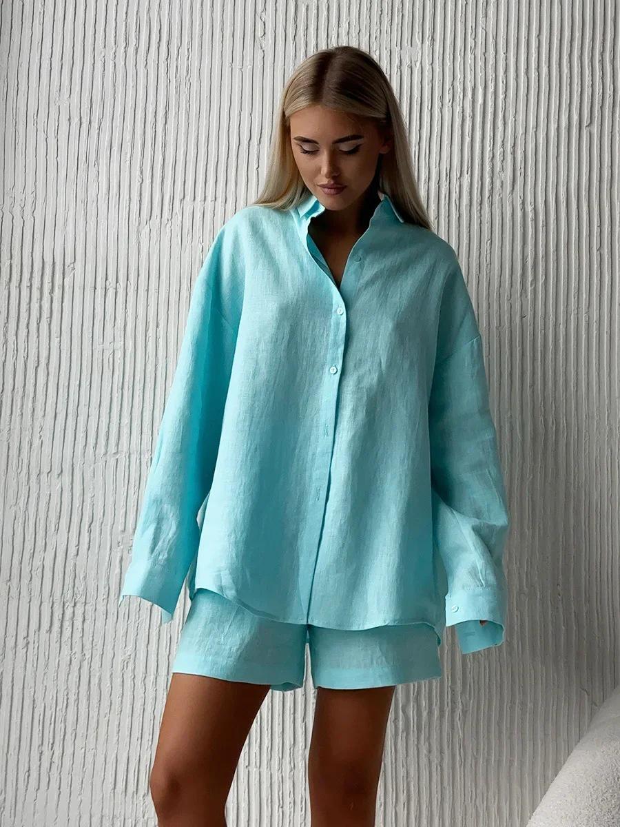 

2025 Women s Cotton Shirt & Pants Set - Loose-Fit Long-Sleeve Casual Spring/Summer European & American Style XXXL