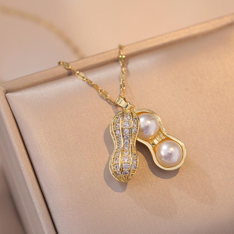 Elegant Korean-Style Peanuts Pendant Necklace with Cubic Zirconia and Pearl