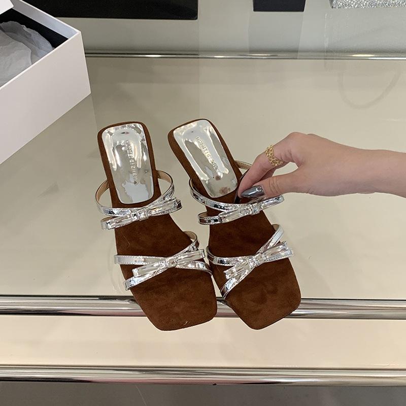 Fashion Women's Korean Bow-knot Simple and Fashion Shaped Heel High Heels Sandals Summer New Female Square Toe Dress High Heels Slippers