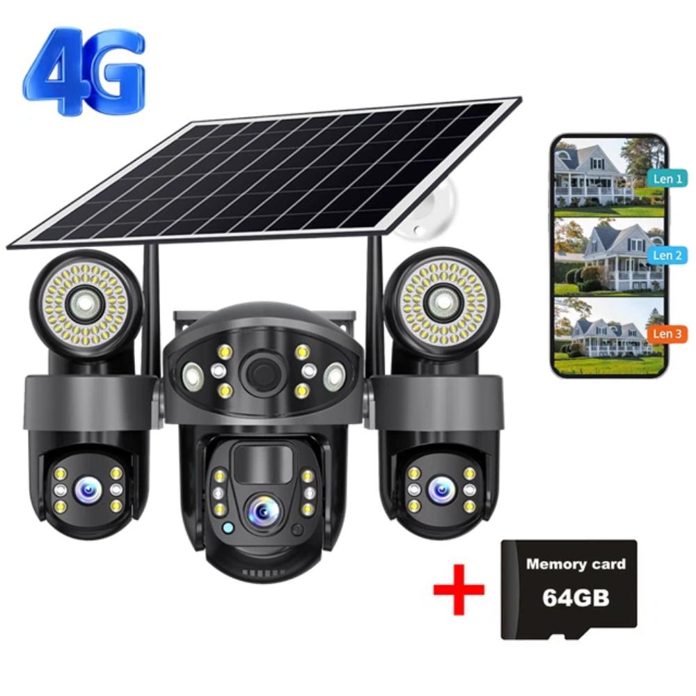 Kamera CCTV 2 w 1 zasilana energią słoneczną, potrójny obiektyw ze światłem LED do widzenia w nocy, bezprzewodowa kamera IP sieci WIFI/4G.