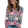 Women's Fashionable Loose-Fit V-Neck Long-Sleeved T-Shirt Christmas Print Pullover