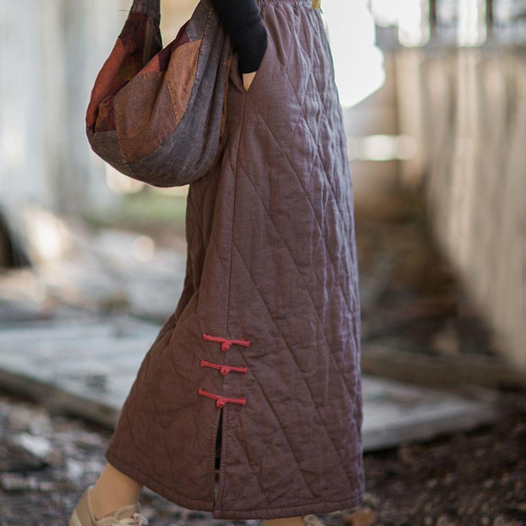 Women's Ethnic Style Quilted Long Skirt - Winter Warmth, Solid Color, Chinese Knot Design.