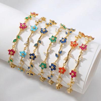 Tide Multiple Color Flower Rhinestone Branch Leaf Bracelet Dopamine Niche Sense Copper Women's Bangle Gifts