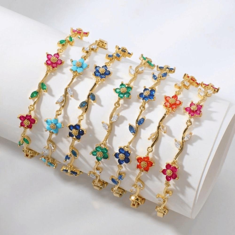 Tide Multiple Color Flower Rhinestone Branch Leaf Bracelet Dopamine Niche Sense Copper Women's Bangle Gifts
