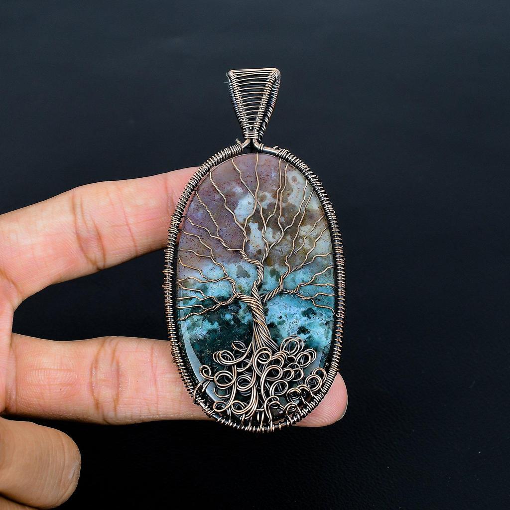 Moss Agate Pendant, Gemstone Jewelry 999 Copper Wire Wrap Tree Of Life Pendant, Gift For Women Handmade Pendant