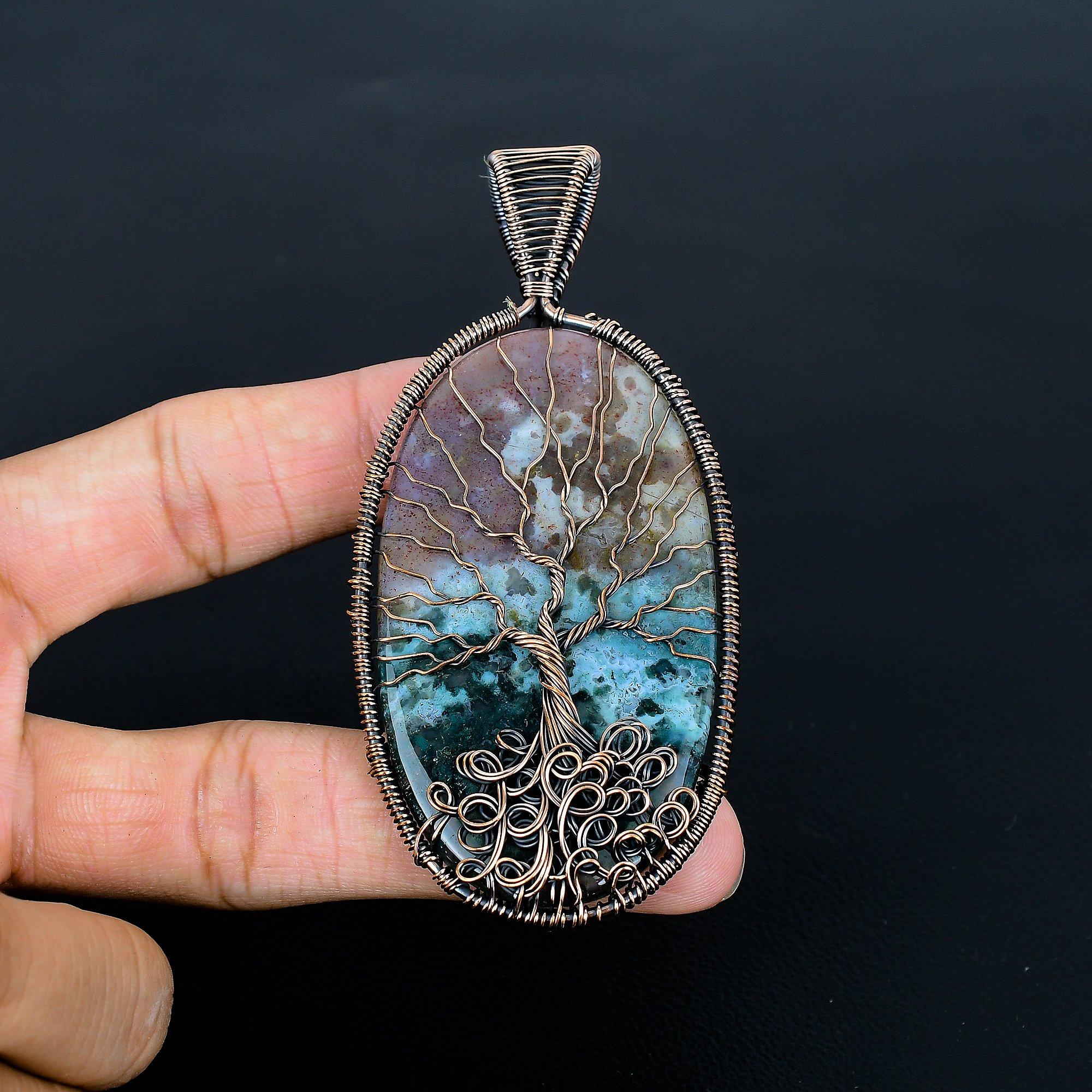 

Moss Agate Pendant, Gemstone Jewelry 999 Copper Wire Wrap Tree Of Life Pendant, Gift For Women Handmade Pendant 3.74 Inches