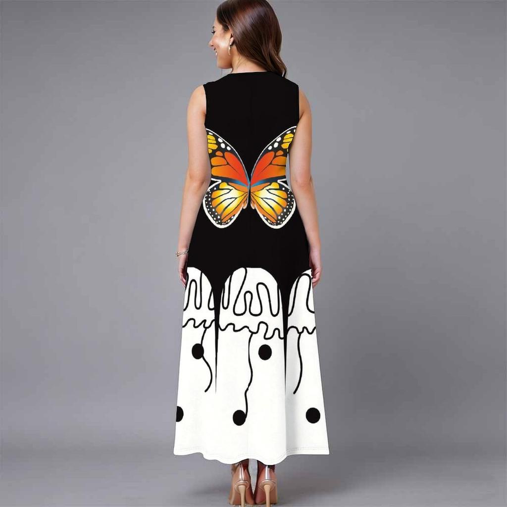 Plus Size Ladies Sleeveless Round Neck Dress Bold Tropical Palm Leaves Flowy Calf Length Dress
