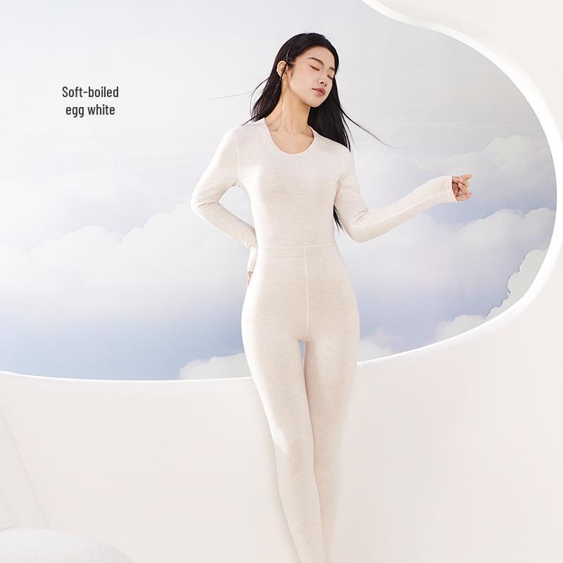 Cashmere Silk Round Neck Edged Antibacterial Fleece-Lined Women's Autumn Undershirt & Pants Set - Warm & Skin-Beautifying.