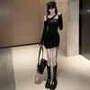 Hepburn Style Black Mesh Off-Shoulder Long-Sleeve Dress - Autumn/Spring Figure-Hugging Short Skirt