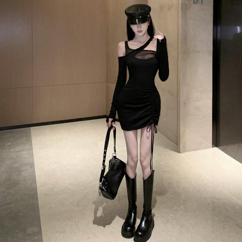 Hepburn Style Black Mesh Off-Shoulder Long-Sleeve Dress - Autumn/Spring Figure-Hugging Short Skirt