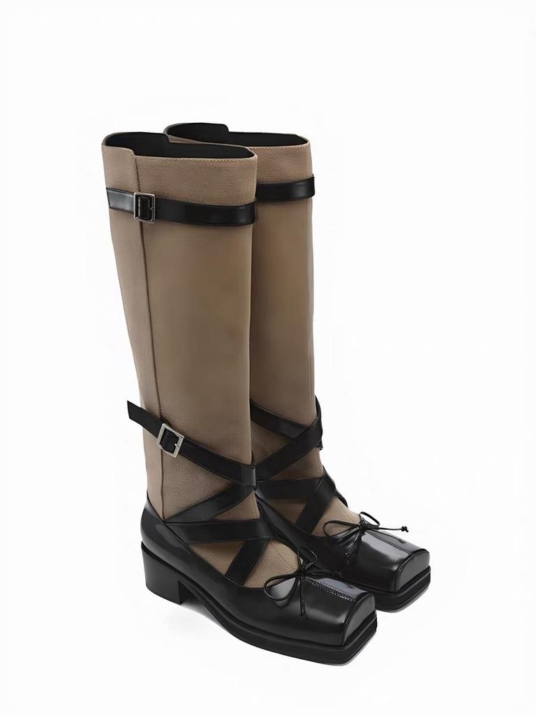 Cowhide version ballet style thick-soled boots women's leather bow square head thick-soled thick-heeled high boots knight boots