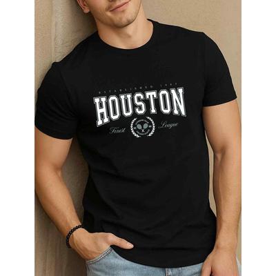 European Sizes Men'S Houston Graphic T-Shirt - Short Sleeve Casual & Activewear with Lettering & Print, All-Season Comfort Fit, Plus Size Available