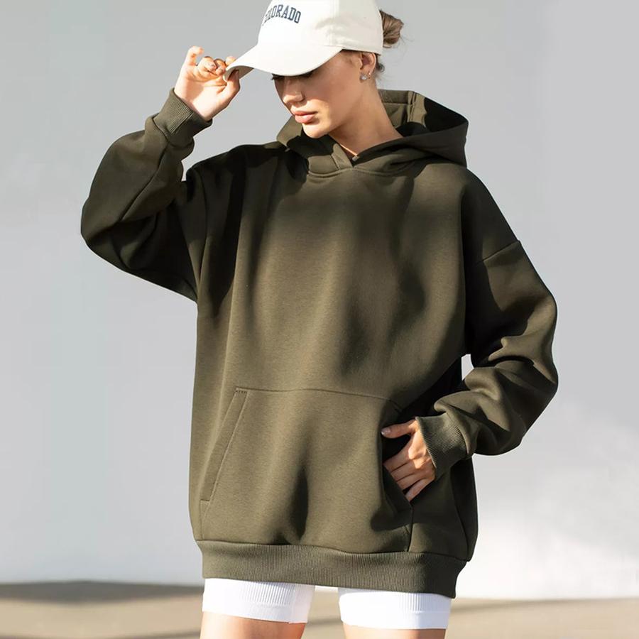 Women's Solid Long Sleeve Pocket Hoodie Sweatshirt Casual Loose Sportswear