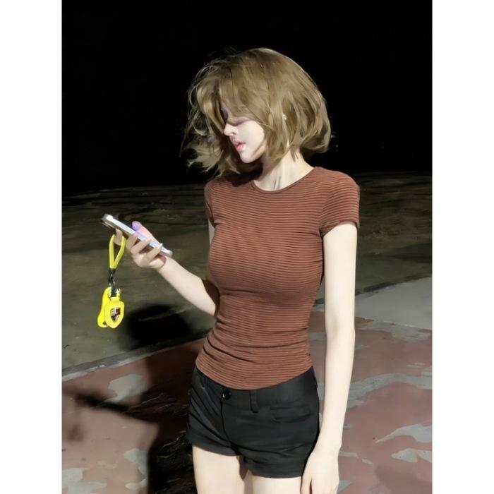

Cotton Threaded G Retro Coffee Crew Neck Striped Short Sleeve T-Shirt Women s Summer Top S