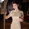 New Chinese-style improved cheongsam beige acetic acid jacquard retro national style dress 1011 new summer young engagement