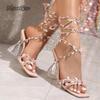 Green Vine Cross Wrap Square Toe Sandals for Women High Heel Bohemian Nature Inspired Party Dress Shoes Fashion Heels for Ladies