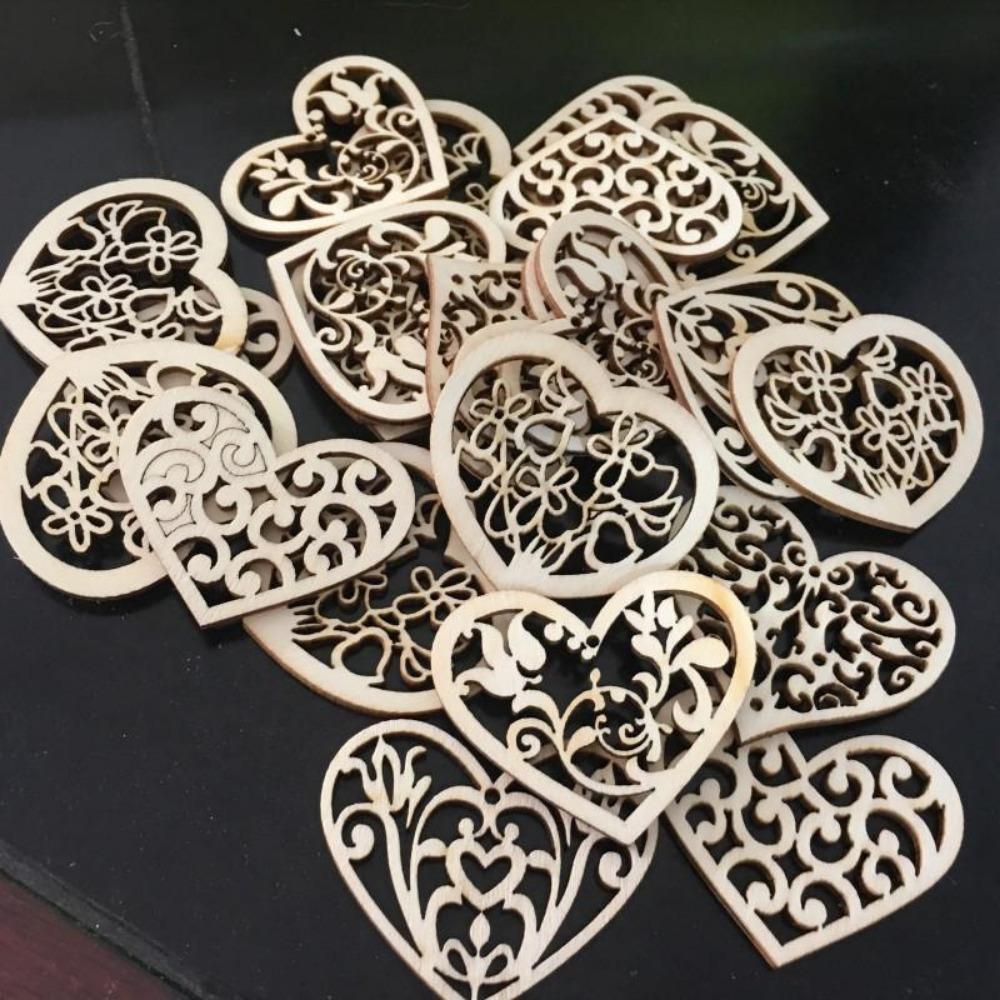 50/100pcs Wood Crafts Hollow Carved Flowers Love Wood Chip Hole Ornaments DIY Jewelry Accessories Home Decoration Pendants