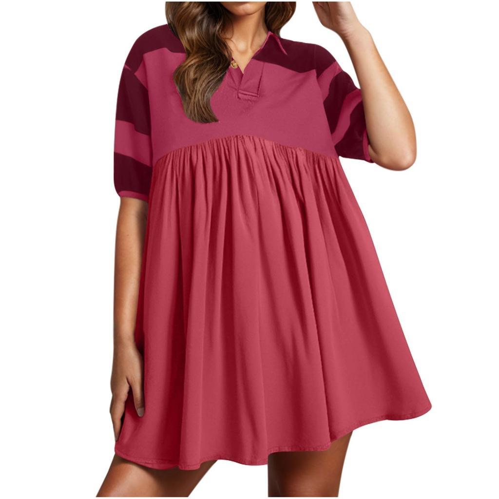 Women Babydoll Dress Striped Colorblock Pleated Oversized Short Sleeve Collar T-Shirt Dress