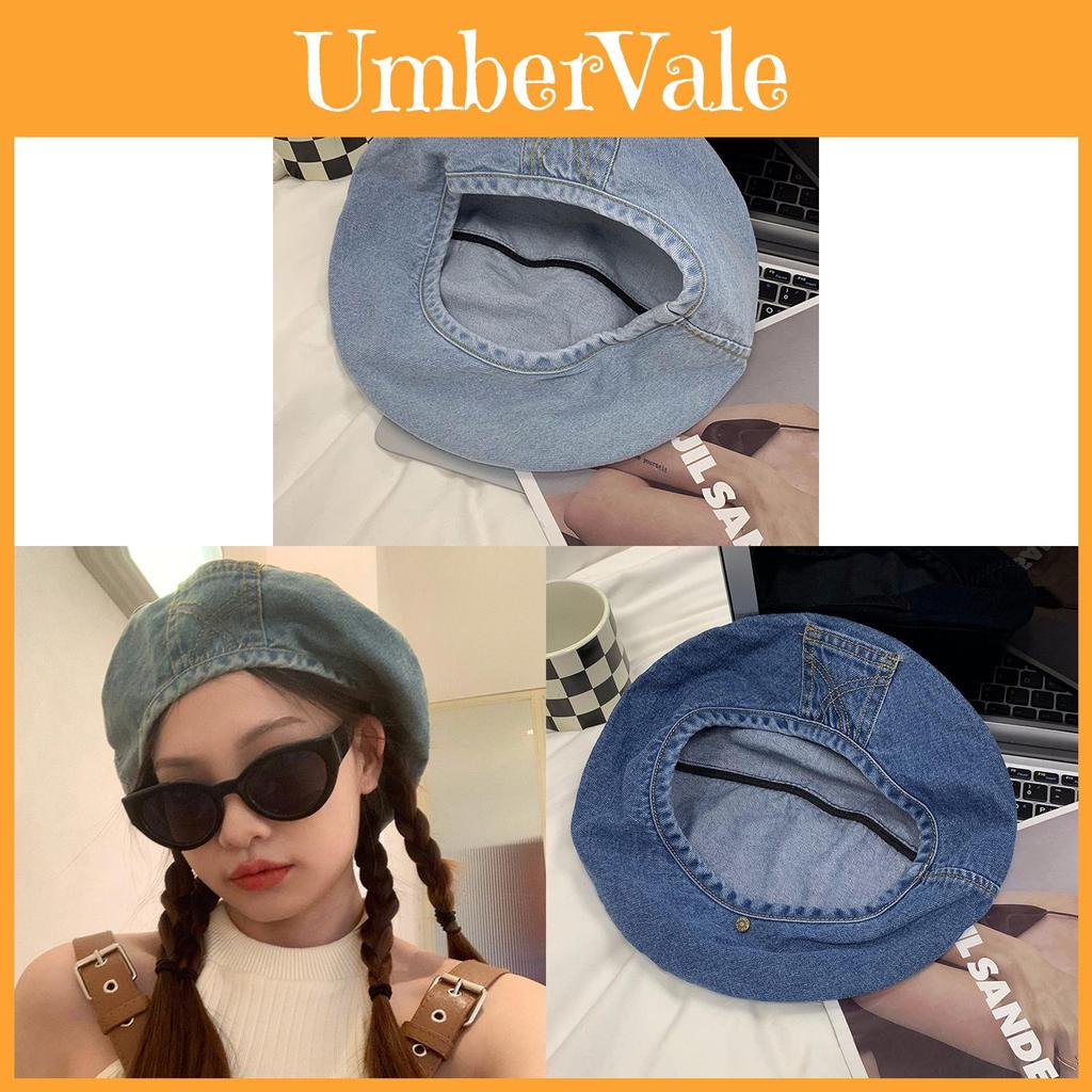 Waterwashed Denim Beret Cap For Women All Seasons Retro Vintage Faceshaping Accessory