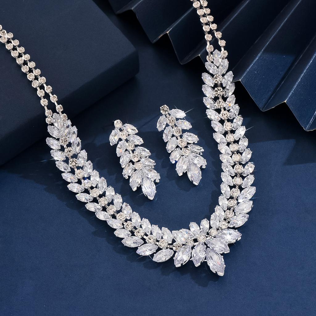 3PC Women's Fashion Zircon Series Leaf Necklace Earrings Zircon Set Suitable for Wedding, Party, Festival Gifts-8564