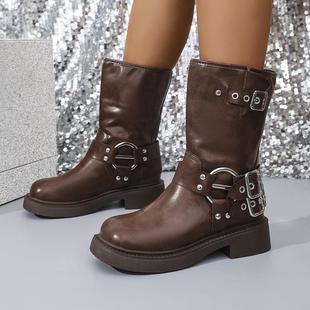 Maillard Western Cowboy Boots Women's New Spring and Autumn Platform Brown Retro Short Boots