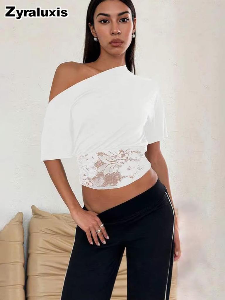 Spitzen Patchwork Sexy Mädchen Top Damen Herbst Kurzarm T-Shirt Rundhalsausschnitt Raffung Cami Crop Top