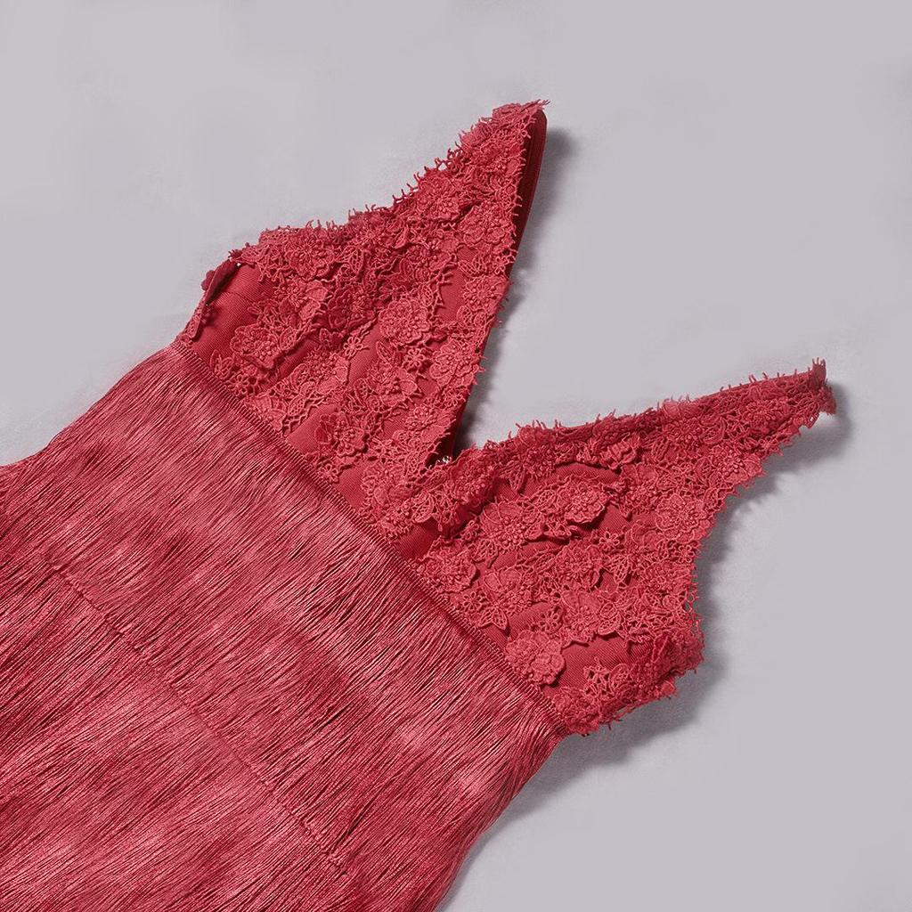 Red Lace Trimmed Tassel Layered Women's Bandage Evening Dress